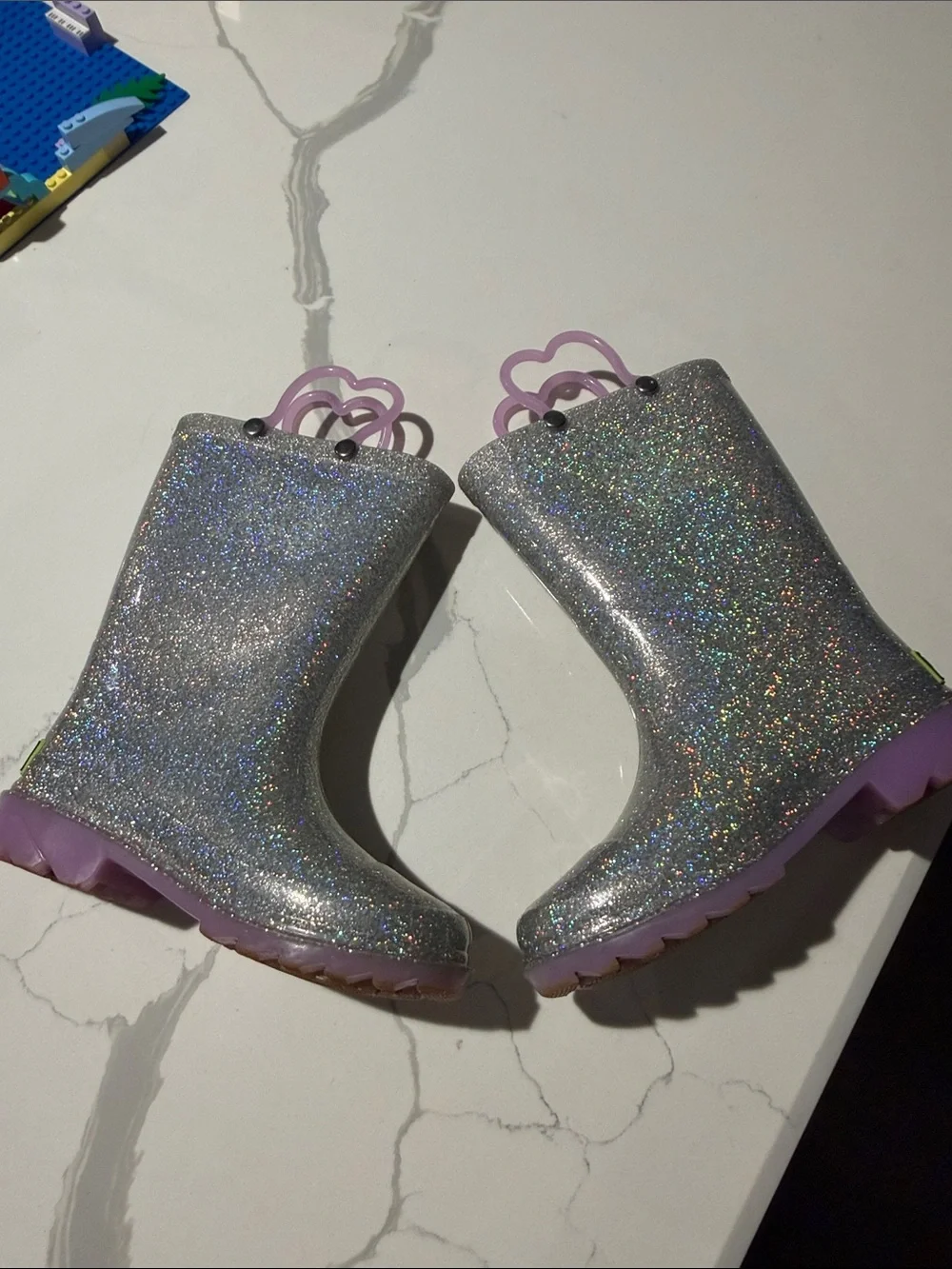 Western Chief Silver Glitter Kids Rain Boots with Pink Handles